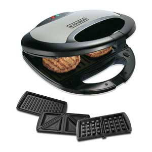 Black & Decker 750W 2-Slot Sandwich Maker, 3-in-1 Non-Stick Sandwich, Grill, and Waffle Maker with Indicator, 2-Year Warranty
