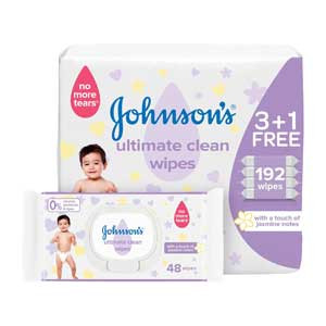 Johnson's Baby Wipes  Ultimate Clean, 3+1 Packs of 48 Wipes, Total 192 Count